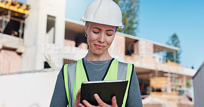 Buy stock photo Architect, online and woman with tablet on construction site, project management and design research. Happy, civil engineer and person with technology, architecture and plan for property development
