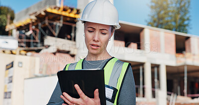 Buy stock photo Architect, reading and woman with tablet on construction site, project management or design research. Civil engineer, online and person with technology, architecture and plan for property development