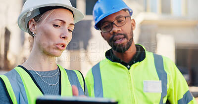 Buy stock photo Construction, talking and people on tablet outdoor for planning, renovation and building inspection. Architecture, team and workers on tech for remodeling, digital blueprint and infrastructure report