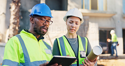 Buy stock photo Construction, tablet or team with site inspection for building progress, digital blueprint or safety. People, architect and foreman with tech for renovation update, code compliance or quality control