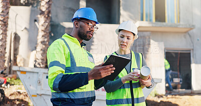 Buy stock photo Construction, talk and team with tablet outdoor for digital blueprint, renovation progress or update. People, architect and foreman on tech for site inspection, building timeline and code compliance