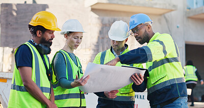 Buy stock photo Construction, talking and people outdoor with blueprint for planning, renovation and building design. Architecture, team and workers with paperwork for remodeling, property development and floor plan