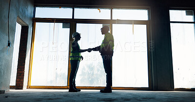 Buy stock photo People, handshake or engineers on construction site for agreement, development deal or welcome. Contractor, team or shaking hands with collaboration for partnership, renovation support and thank you