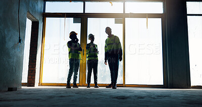 Buy stock photo Conversation, teamwork and engineer on site, talking and planning for project, people and ideas. Construction, discussion and brainstorming for redesign, property and architect for real estate