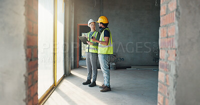 Buy stock photo Construction, clipboard or people with site inspection for building progress, compliance or update. Team, architect and foreman with talk for safety checklist, information request or phase assessment