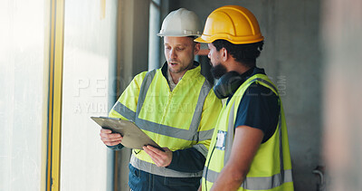 Buy stock photo Construction, clipboard or team with site inspection for building progress, compliance or update. Men, architect or foreman with checklist for window safety, aluminium frame or renovation evaluation