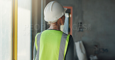 Buy stock photo Woman, back and inspection for construction, contractor compliance or progress on site with helmet. Safety manager, maintenance and quality assurance for renovation, engineering or project management