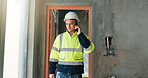 Construction, man or phone call with site inspection for project status, building progress or talk. Walking, foreman and mobile chat for renovation reporting, request deadline extension or feedback