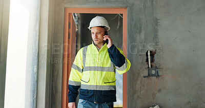 Buy stock photo Construction, man or phone call with site inspection for project status, building progress or talk. Walking, foreman and mobile chat for renovation reporting, request deadline extension or feedback