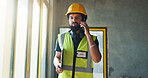 Construction, phone call and man in building for inspection, project update and talking to contractor. Engineer, supervisor and person on cellphone for communication, contact and renovation progress