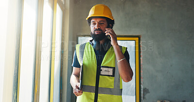 Buy stock photo Construction, phone call and man in building for inspection, project update and talking to contractor. Engineer, supervisor and person on cellphone for communication, contact and renovation progress