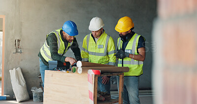 Buy stock photo Meeting, team and people at construction site with floor plan, building project and feedback. Architecture, engineering and men in discussion for planning, renovation and collaboration with blueprint