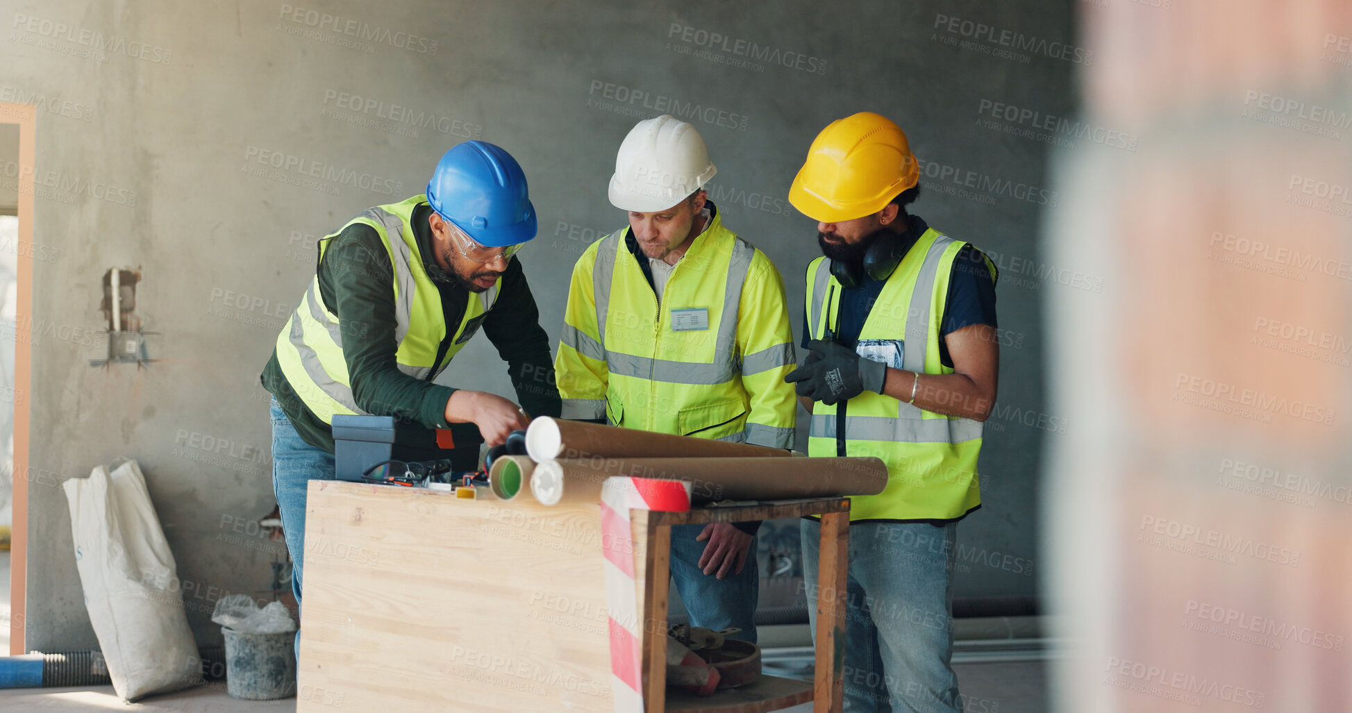 Buy stock photo Meeting, team and people at construction site with floor plan, building project and feedback. Architecture, engineering and men in discussion for planning, renovation and collaboration with blueprint