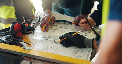 Buy stock photo Review, hands and group with blueprint at construction site, expansion layout and floor plan update. Property development, architect and people with document for building, engineering and drawing