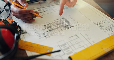 Buy stock photo Review, hands and team with blueprint at construction site, expansion layout and floor plan update. Property development, architect and people with document for building, engineering and drawing