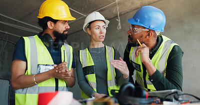 Buy stock photo Team, construction and people in building for meeting, evaluation and feedback for infrastructure. Architecture, contractor and workers talking for development, renovation and engineering project