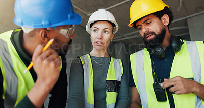 Buy stock photo Team, construction and people in building for planning, evaluation and inspection for infrastructure. Architecture, contractor and workers talking for compliance, renovation and remodeling project