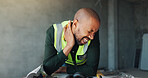 Construction, building and man with neck pain, accident and workplace injury for stress or fatigue. Contractor, site and African person with strain, tension and hurt for mistake, burnout and posture