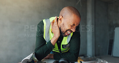 Buy stock photo Construction, building and man with neck pain, accident and workplace injury for stress or fatigue. Contractor, site and African person with strain, tension and hurt for mistake, burnout and posture