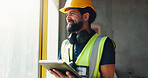 Architect, thinking and man with tablet on building site, project management and research on website. Happy, civil engineer and person with technology, space and decision for property development