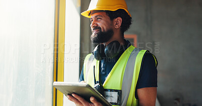 Buy stock photo Architect, thinking and man with tablet on building site, project management and research on website. Happy, civil engineer and person with technology, space and decision for property development