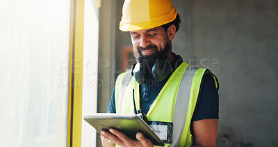 Buy stock photo Architect, research and man with tablet on building site, project management and reading on website. Happy, civil engineer and person with technology, space and planning for property development