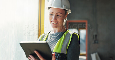 Buy stock photo Architect, smile and woman with tablet on construction site, project management and design research. Civil engineering, online and happy person with technology, architecture and property development