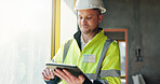 Architect, reading and man with tablet on construction site, project management and design research. Happy, civil engineer and person with technology, space and planning for property development