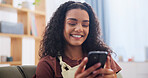 Phone, smile and woman on sofa in home with texting, social media or networking on mobile app. Happy, relax and person with cellphone for reading blog on celebrity gossip in living room at house.