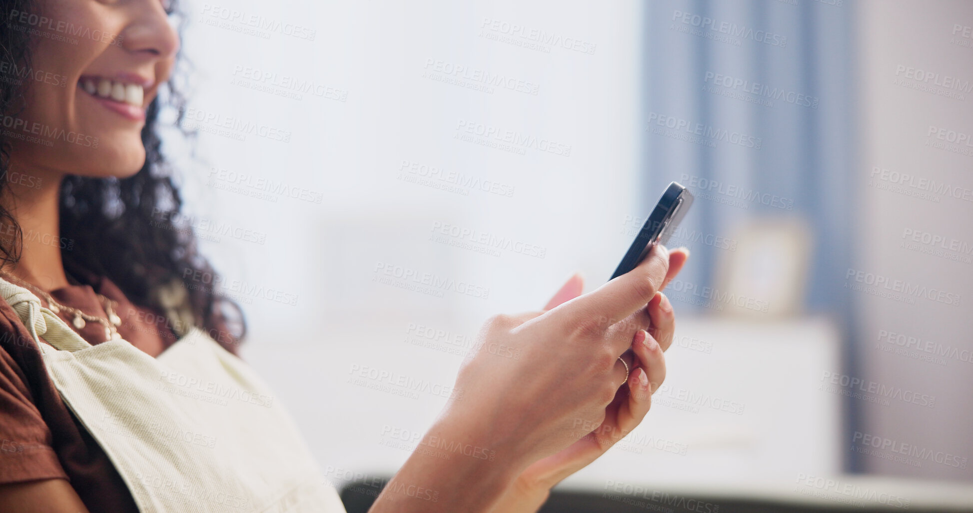 Buy stock photo Phone, hands and woman in home with texting, social media or networking on mobile app. Smile, relax and person with cellphone for internet or reading blog on celebrity gossip in living room at house.