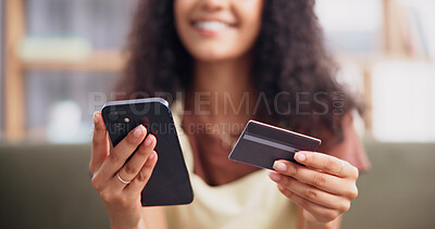 Buy stock photo Credit card, cellphone and hands of woman on sofa in home for online shopping, ecommerce or purchase. Technology, order and person with internet banking for payment on phone in living room at house.