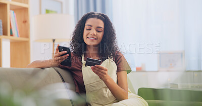 Buy stock photo Credit card, phone and woman on sofa in house for online shopping, ecommerce or website purchase. Technology, happy and person with internet banking for payment on cellphone in living room at home.