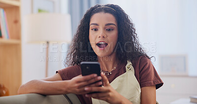 Buy stock photo Phone, shock and woman on sofa in home with texting, social media or networking on mobile app. Surprise, relax and person with cellphone for reading blog on celebrity gossip in living room at house.