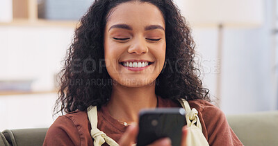 Buy stock photo Phone, happy and woman on sofa in home with texting, social media or networking on mobile app. Smile, relax and person with cellphone for reading blog on celebrity gossip in living room at house.