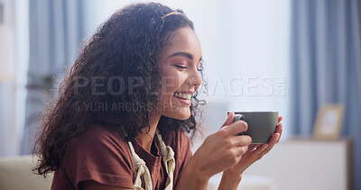 Buy stock photo Smile, coffee and woman in home to relax, wellness and thinking on weekend break in living room. Morning drink, happiness and person at apartment with thoughts, reflection or peace with self care
