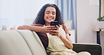 Cellphone, happy and woman on sofa in home with texting, social media or networking on mobile app. Smile, relax and person with phone for reading blog on celebrity gossip in living room at house.