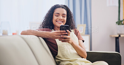 Buy stock photo Cellphone, happy and woman on sofa in home with texting, social media or networking on mobile app. Smile, relax and person with phone for reading blog on celebrity gossip in living room at house.
