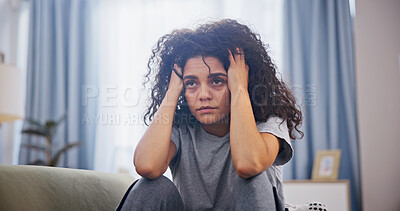 Buy stock photo Woman, tired and anxiety on sofa in home with headache, mental health crisis and frustrated. Psychology, person with depression and tension with stress, trauma and sad on couch in living room