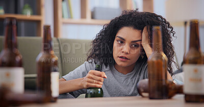 Buy stock photo Woman, wine and anxiety in home with alcohol addiction, mental health crisis and thinking. Psychology, person with depression and headache with hangover, trauma and drinking regret in living room