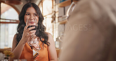 Buy stock photo Wine, couple and woman in restaurant for date, bonding and celebrate anniversary together. Happy, glass and people with drinks for romance, relationship and listening for connection with love