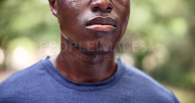 Buy stock photo Man, mouth and sweat outdoor with fitness, exercise break and training recovery for runner wellness. Sports, healthy black person and athlete in nature with vitality, breathing and workout rest.