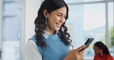 Buy stock photo Phone, smile and reading with business woman in office for social media manager, online review and project. Post schedule, digital campaign and coworking with employee in agency for branding progress