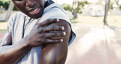 Buy stock photo Fitness, hand and shoulder pain with black man outdoor for cardio training or workout fatigue. Exercise, injury and muscle inflammation with runner in park for challenge, physical activity or sports