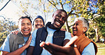 Happy, selfie and teamwork with volunteer people outdoor together for charity or community service. Photograph, portrait and smile of friends in park for activism, donation or non profit project