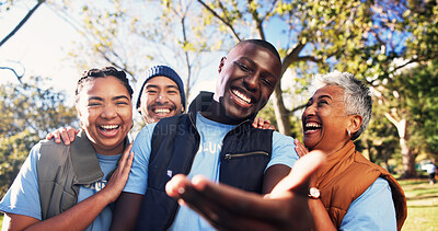 Buy stock photo Happy, selfie and teamwork with volunteer people outdoor together for charity or community service. Photograph, portrait and smile of friends in park for activism, donation or non profit project