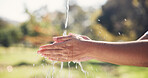 Nature, water and woman washing hands outdoor for hygiene, sanitation and grooming with self care. Wellness, health and person cleaning skin for removal of dirt, germs or bacteria in countryside.