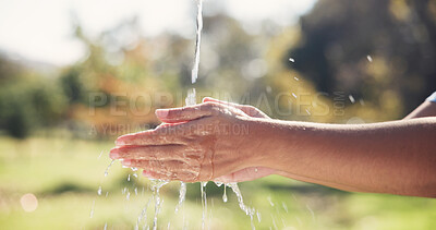 Buy stock photo Nature, water and woman washing hands outdoor for hygiene, sanitation and wellness with self care. Sustainable, health and person cleaning skin for removal of dirt, germs or bacteria in countryside.