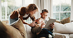 Smile, parents and toddler at house with tablet, social media and watching cartoon for bonding. Happy, people and child interaction in home with tech, streaming video and browsing for nursery rhymes 