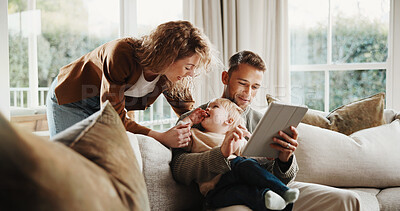 Buy stock photo Smile, parents and toddler at house with tablet, social media and watching cartoon for bonding. Happy, people and child interaction in home with tech, streaming video and browsing for nursery rhymes 