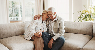 Buy stock photo Old couple, relax and laugh at house with hug, love and partner support for bonding together. Happy, senior people and unwind in home with embrace, comfortable and funny discussion for weekend break